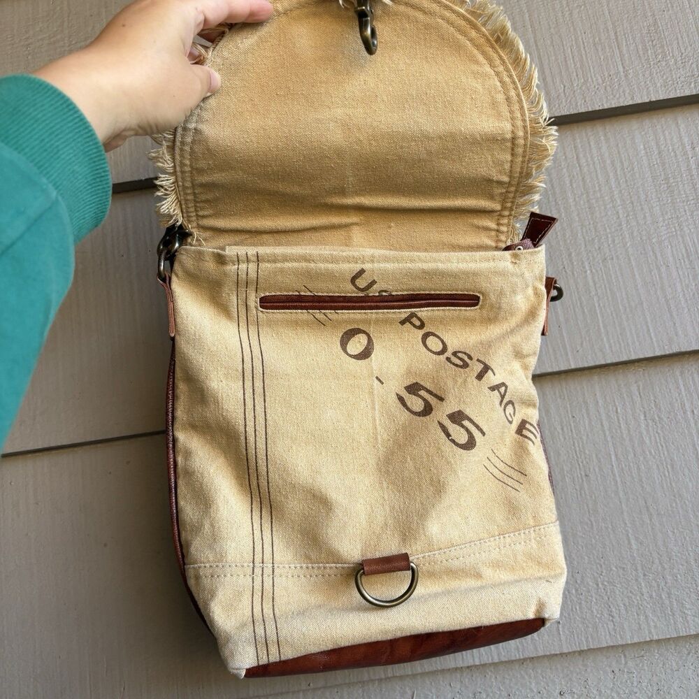 Vintage canvas leather postal messenger crossbody bag fringe trim boho - Picture 4 of 8